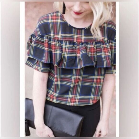 J Crew Edie Stewart Tartan Plaid Ruffle Top Festive Blouse C28 - Picture 3 of 8